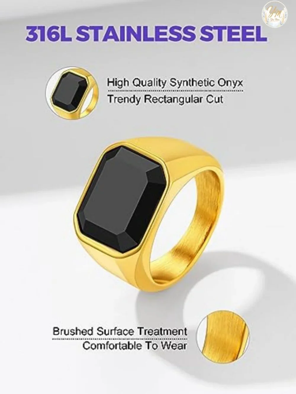 Black Onyx Signet Ring Stainless Steel Men Women Vintage Waterproof